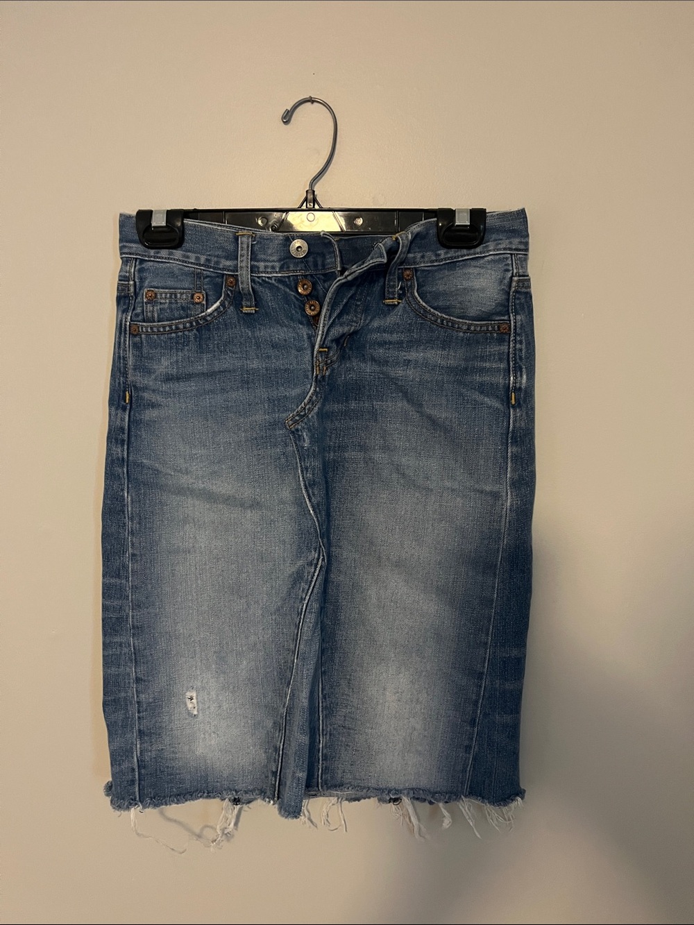 Distressed GAP denim skirt. Button fly